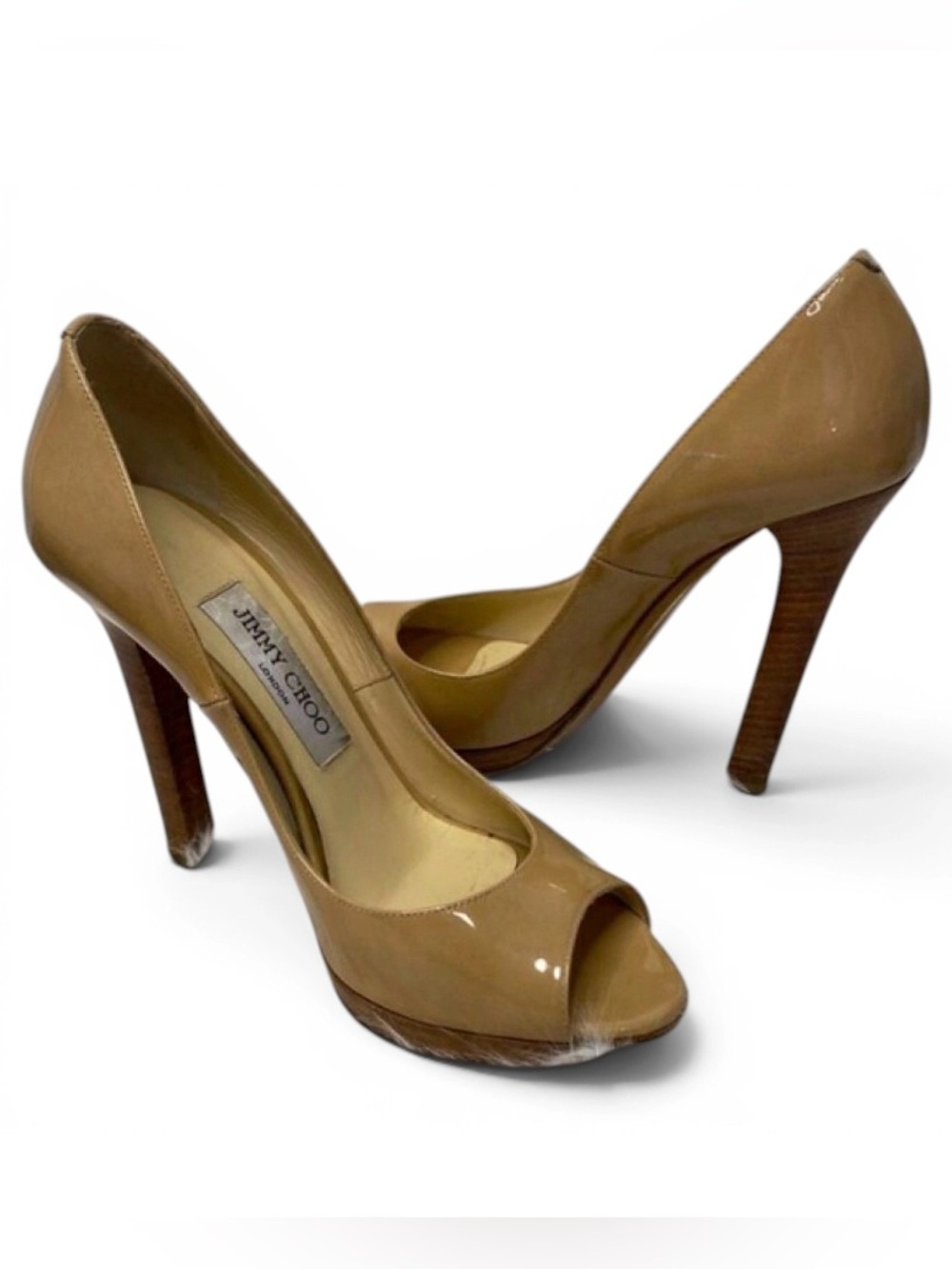 🛍️ Jimmy Choo Authentic Nude Patent Leather Peep-Toe Pumps with Wooden Heels